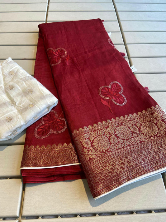 Red Viscose Dola Saree with Jacquard Border & Embroidery, Wedding Collection, Luxury Wedding Reception Wear Saree, Best Christmas Gift