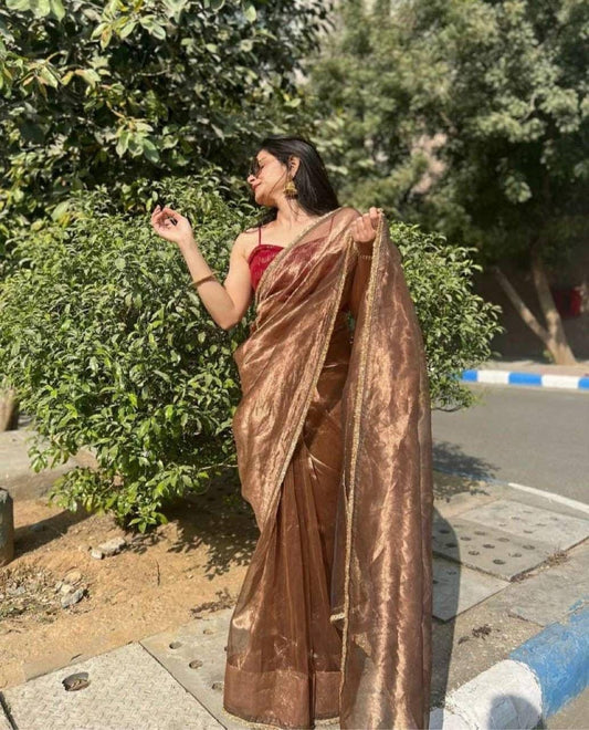 Designer Golden Saree in Heavy Tissue Silk with Fancy Velvet Maroon Blouse and Lace Details | Elegant Partywear Saree for Special Occasions