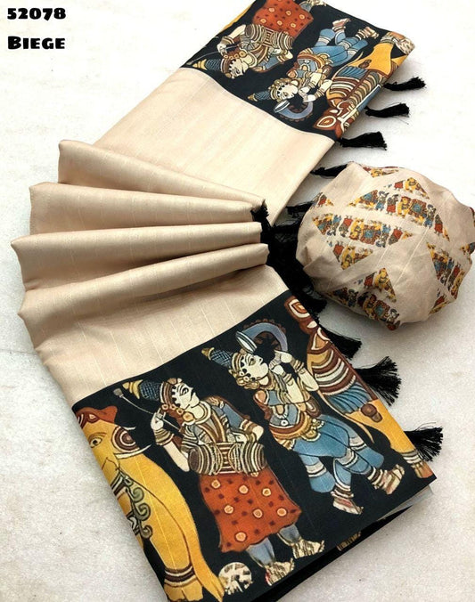 Elegant Handloom Tussar Silk Saree with Kalamkari Digital Print and Tassel Accent, Christmas Gift