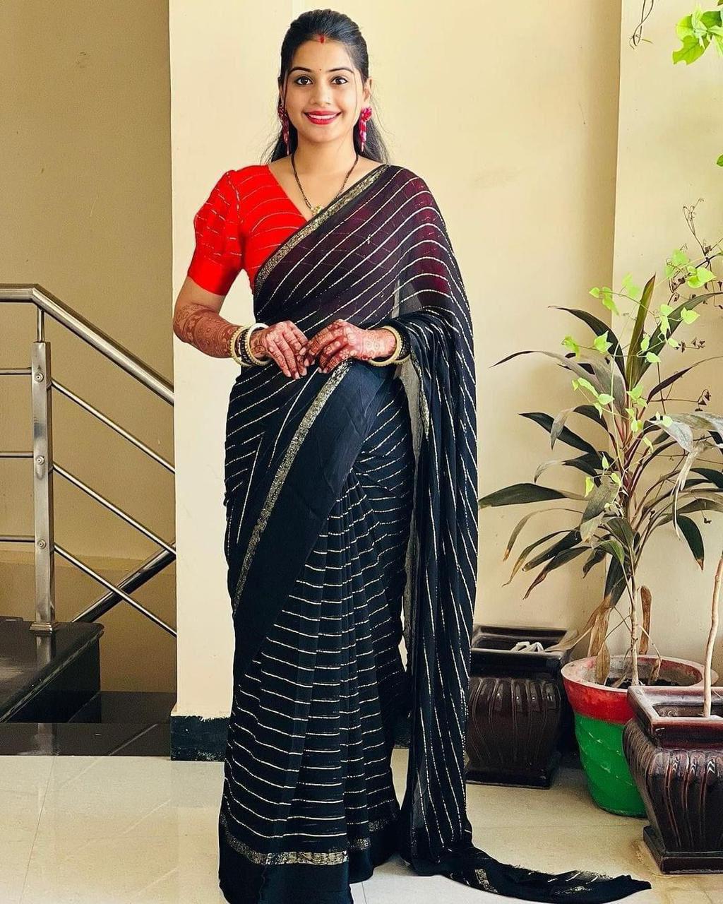 Elegant Blue Viscose Georgette Saree with Contrast Running Blouse – Lightweight, Flowing, Perfect for Celebration & Traditional Occasions