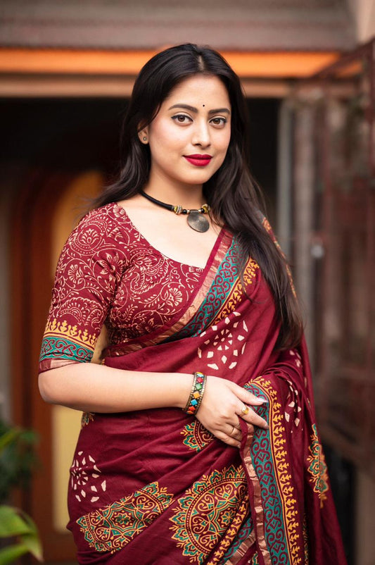 Maroon Pure Chanderi Cotton Saree with Zari Woven Pattu Border – Includes FREE Petticoat, Elegant & Traditional Wear