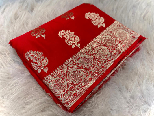 BRIDAL RED Banarasi Mushro Satin Silk Saree with Intricate Zari Weaving – Luxurious Traditional Attire for Special OCCASIONS