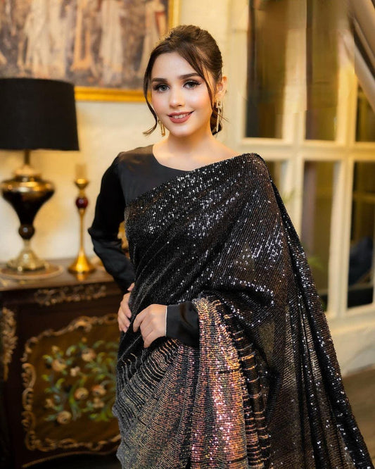 Black Georgette SEQUINS Saree for Wedding & Pooja Lightweight Bollywood Saree for Women Traditional Indian Saree for Special Occasions