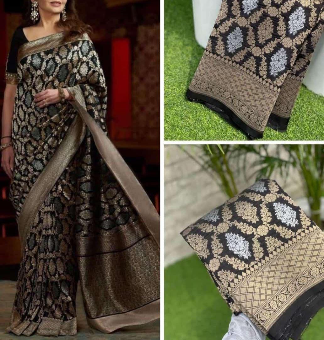 Black and Gold Toned Premium Banarasi Saree Katan Silk, Meenakari Design Saree Ideal for Pooja Weddings and Traditional Celebrations