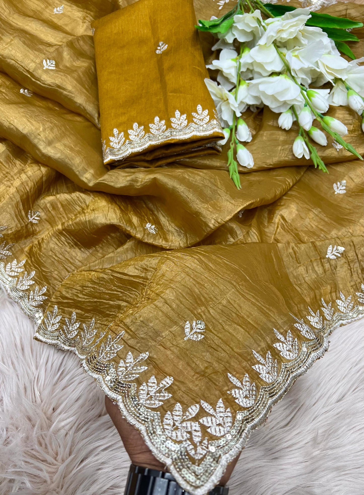 Pink Tissue Silk Saree with Gold Crush | Elegant Sequin & Thread Embroidery | Christmas Gift, Traditional Indian Wedding Bridal Wear
