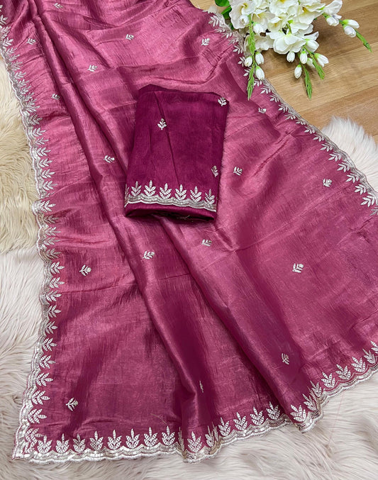 Pink Tissue Silk Saree with Gold Crush | Elegant Sequin & Thread Embroidery | Christmas Gift, Traditional Indian Wedding Bridal Wear