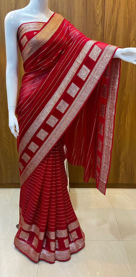 Red and Gold Pure Viscose Saree with Jari Weaving Handwoven Traditional Bridal Wedding Party Wear Saree, Perfect for Festive Christmas Gift