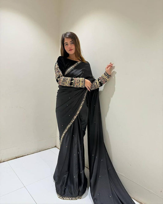 Exquisite Collection of Special Wedding Velvet Sarees Bollywood Style Black Indian Saree for Special Occasion like Christmas Gift