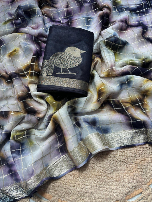 Pure Viscose Georgette Saree with Shibori Dye, Weaving Checks, Sparrow Khadi Silk Contrast Blouse – Elegant Unique Design for Christmas Gift