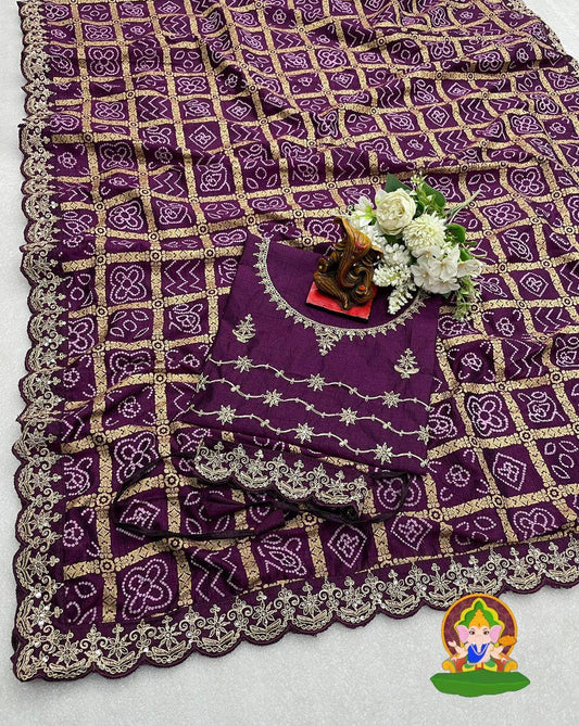 Purple Vichitra Fabric Sari with Khadi Print, Cut Work Embroidery Border & Belt, Blouse Traditional Indian Wedding Wear Saree Christmas Gift