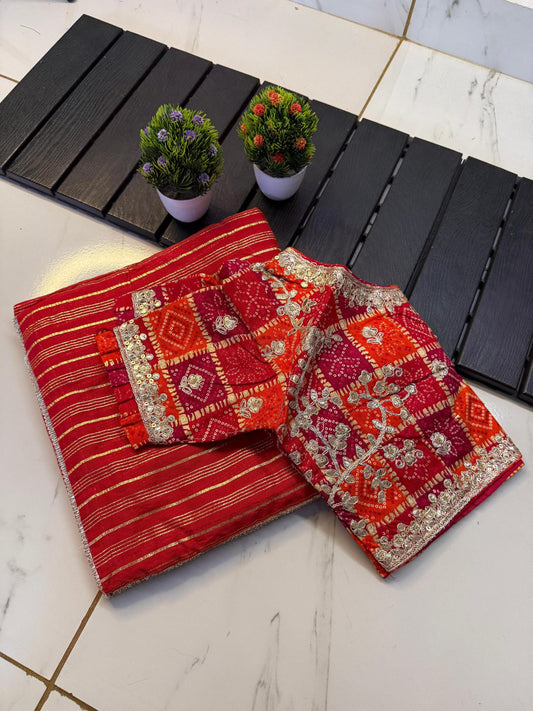 Red Bandhani Saree with Lace Border & Gotta Patti Ready-to-Wear, Best for Christmas Gift, Festive, Wedding and Party Wear Free Size 42