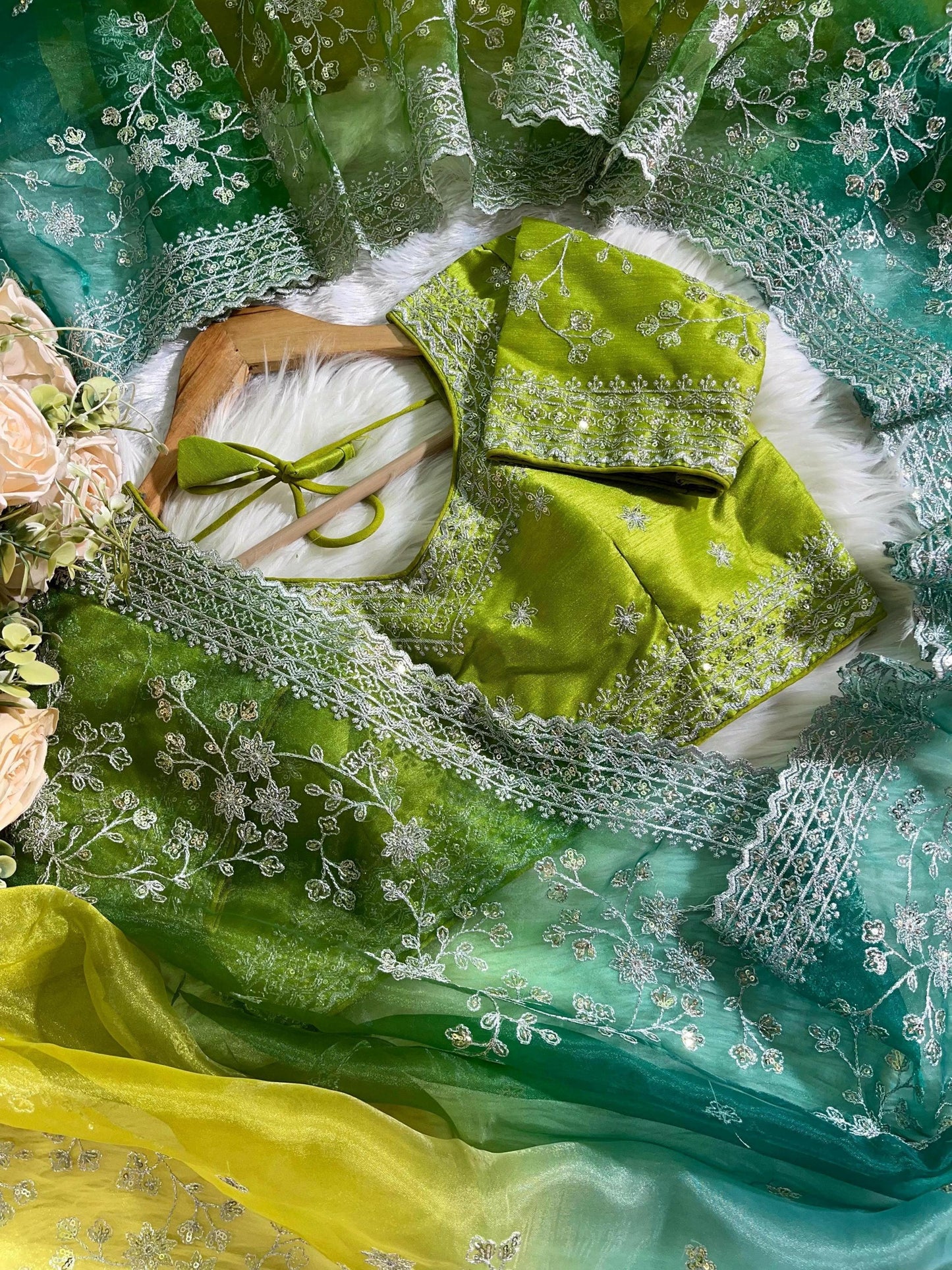 Organza Silk Saree with Prism Designs & Heavy Embroidery Border Party Wear Elegant Gift for Christmas Wedding Anniversary, Special Occasion