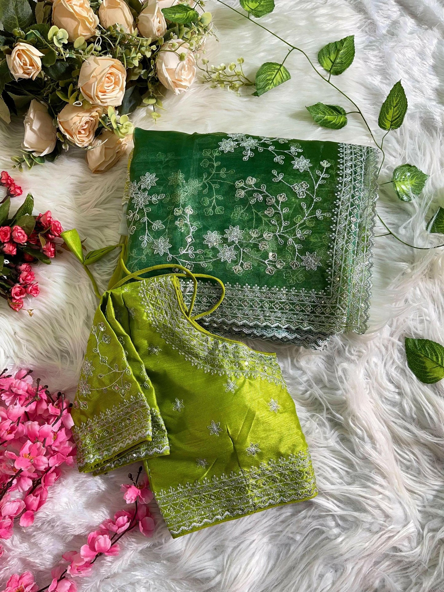 Organza Silk Saree with Prism Designs & Heavy Embroidery Border Party Wear Elegant Gift for Christmas Wedding Anniversary, Special Occasion