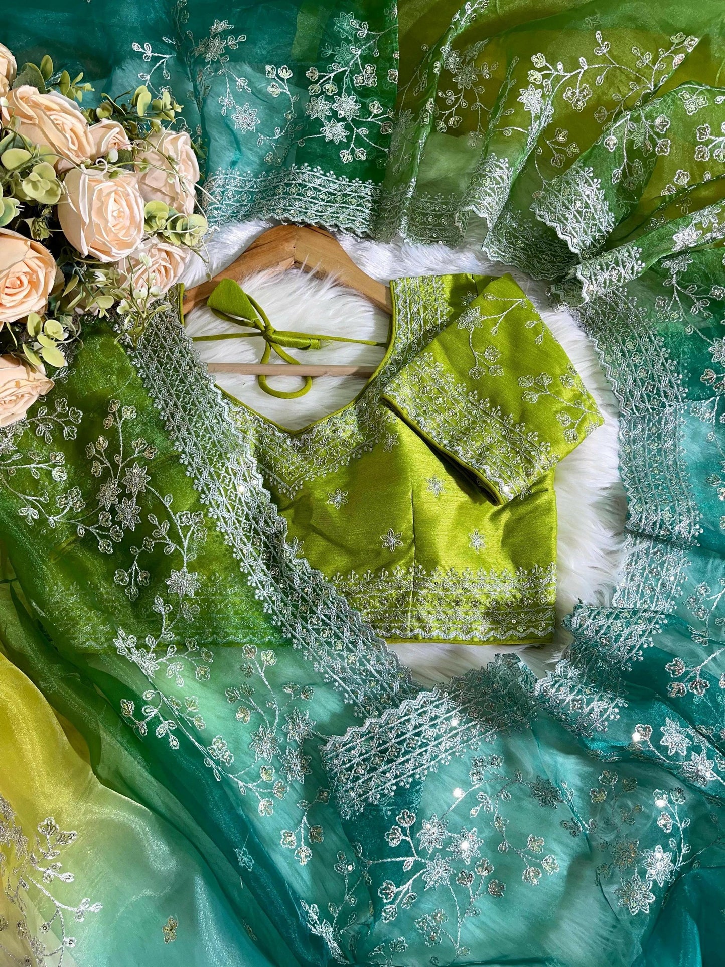 Organza Silk Saree with Prism Designs & Heavy Embroidery Border Party Wear Elegant Gift for Christmas Wedding Anniversary, Special Occasion